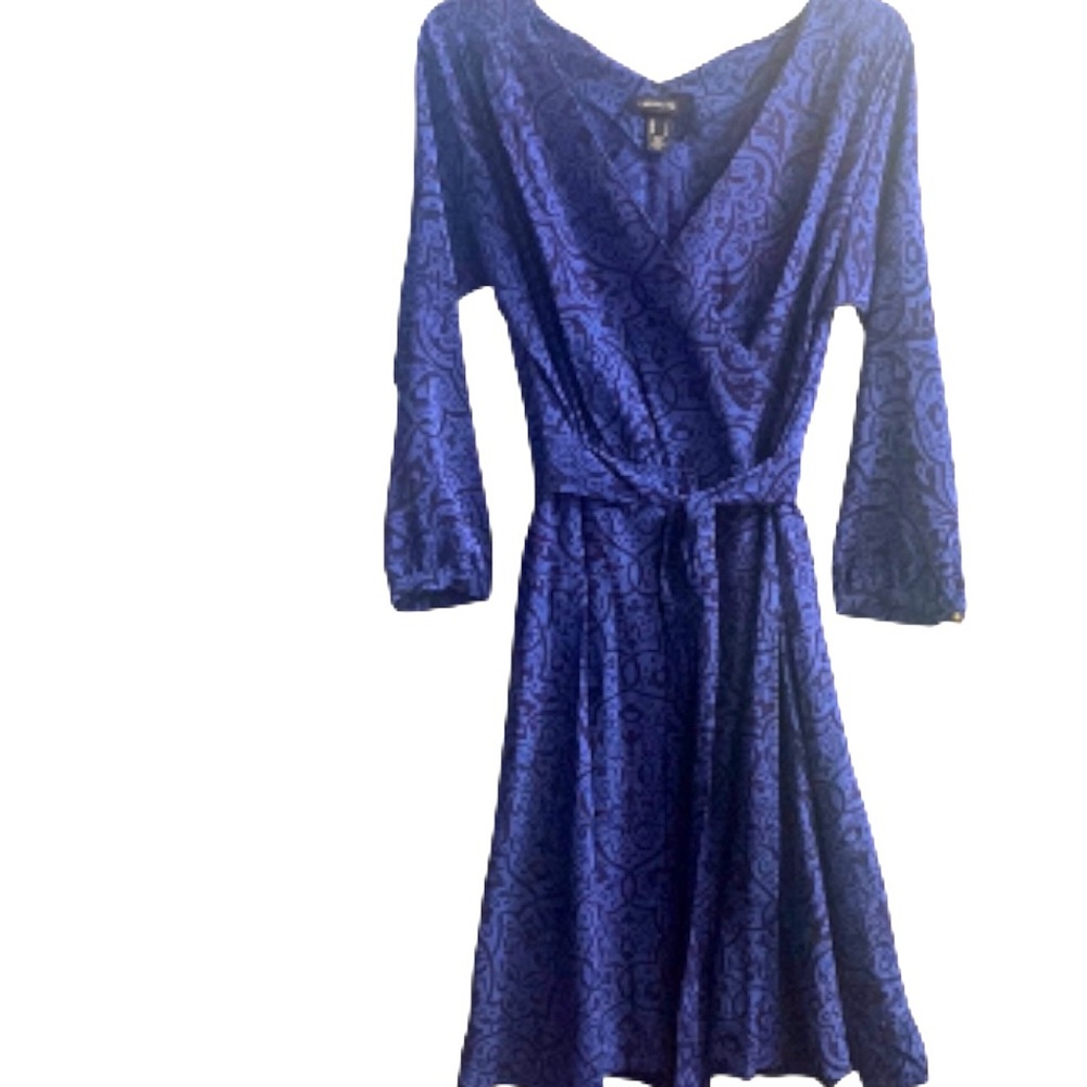 Lands End 100% Silk Blue Long Sleeve Dress V Neck Tie Belt Waist Women’s Size 6